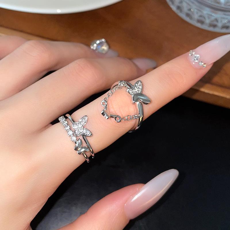 Butterfly Chain, Zircon Ring, Double-Layer Cold Wind Ring, Personalized Hip-Hop Index Finger Ring, Niche Design