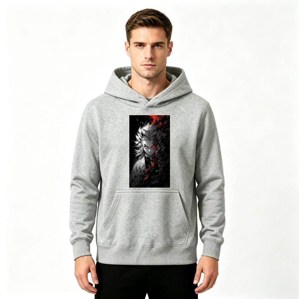 Men Anime Demon Slayer Rengoku Print Pullover Hoodie Casual Long Sleeve Streetwear Sweatshirt
