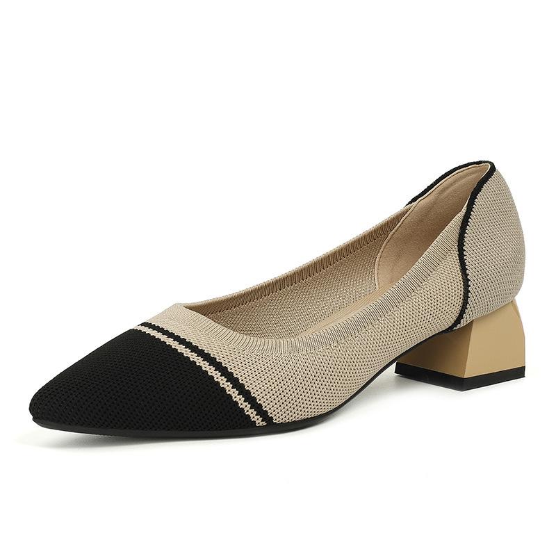 Breathable color matching high-heeled flying-woven women's shoes single shoes medium heel knitted woven pointed thick heel soft sole