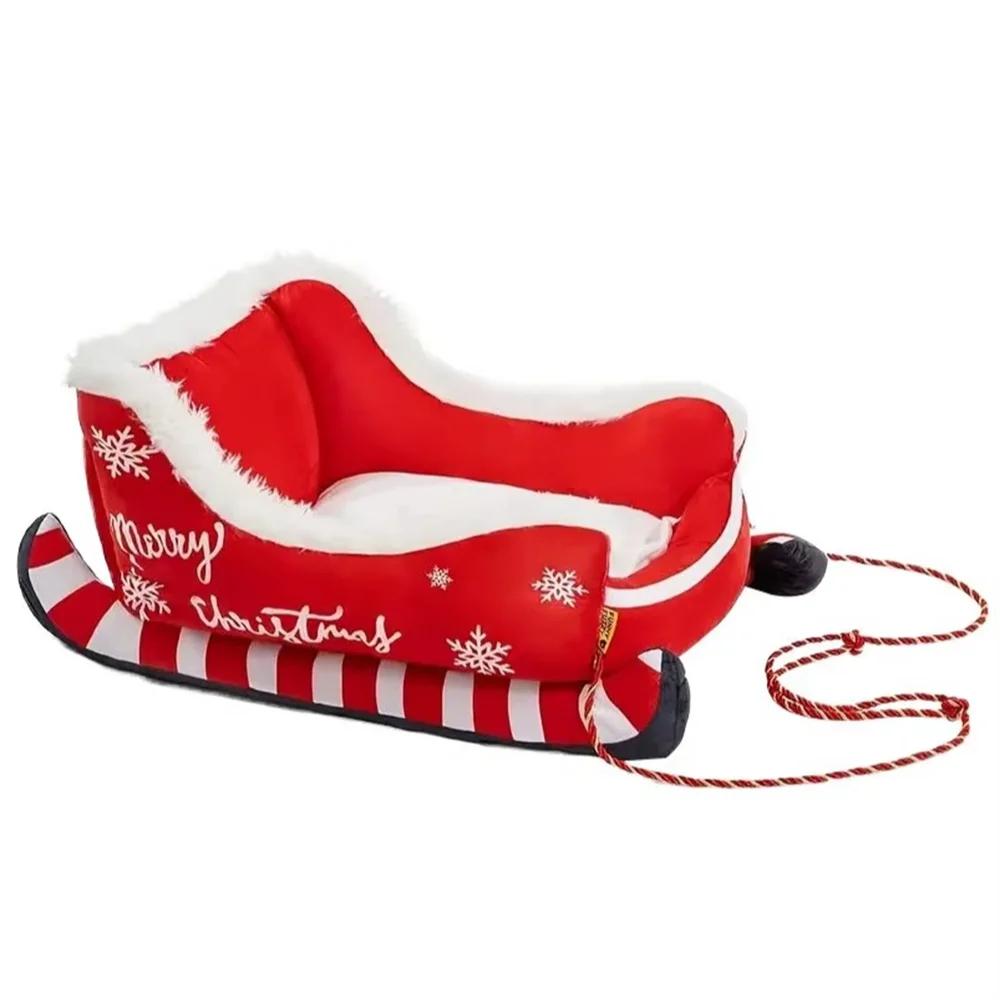 

Super Cozy Christmas Sleigh Pet Bed, Festive Plush Dog And Cat Bed With Merry Christmas Design, Perfect For Holiday Home Decor S