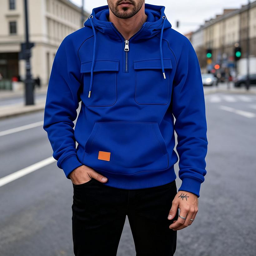 Men's Quarter Zip Hoodie, Half Zip Pullover Sweatshirt with Chest Pockets & Patch Logo, Casual Streetwear for Men
