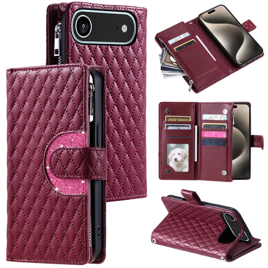 For iPhone 17 Air Case Zipper Pocket Glitter Leather Phone Cover with Wrist Strap