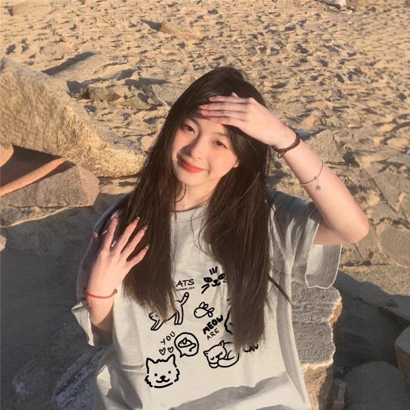 Damski Casualowy T-shirt z Krótkim Rękawem i Nadrukiem Magicznych Kotów Luźny Bawełniany T-shirt Letni Top