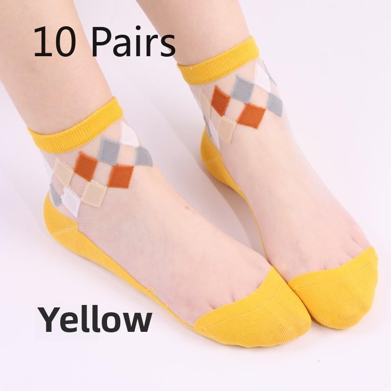 

10 пар женских весенне-летних повседневных шелковых носков средней длины с узором в виде ромбов и кристаллов, сшитых вручную из шелка без косточек жёлтый