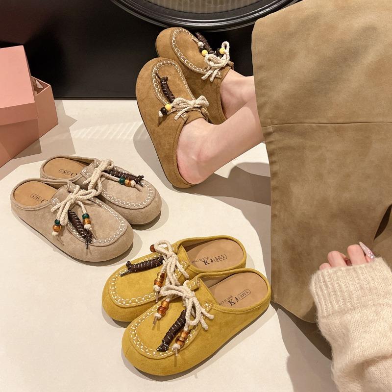 Fashion Retro Versatile Tassel Casual Shoes Women Thick Soled Slippers 2025 Autumn New Fashion Daily Internal Increase Mueller Slides