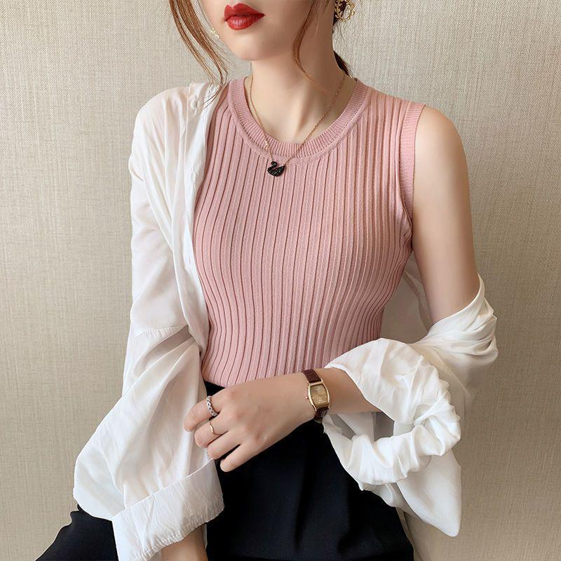 2025 Women's Versatile Ice Silk Spaghetti Strap Tank Top Sleeveless Crew Neck Undershirt