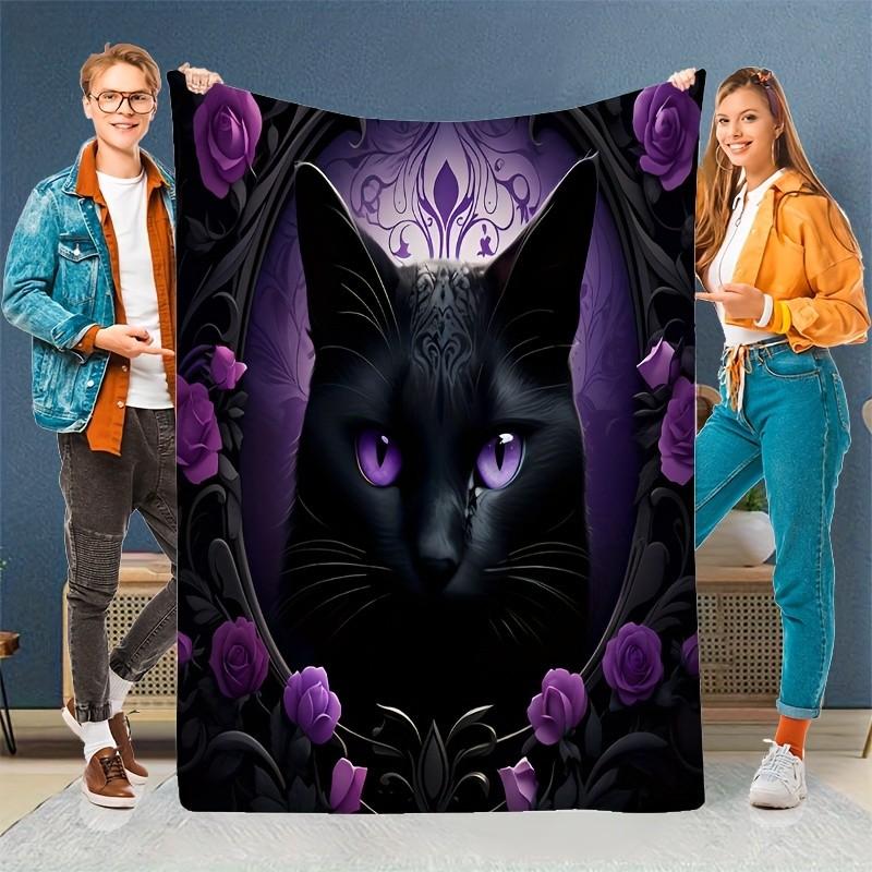 Gothic Flannel Throw,Black Cat & Purple Roses Gold Trim,Luxury Plush All-Season Blanket for Women,Halloween Christmas Decor Gift 75x90cm