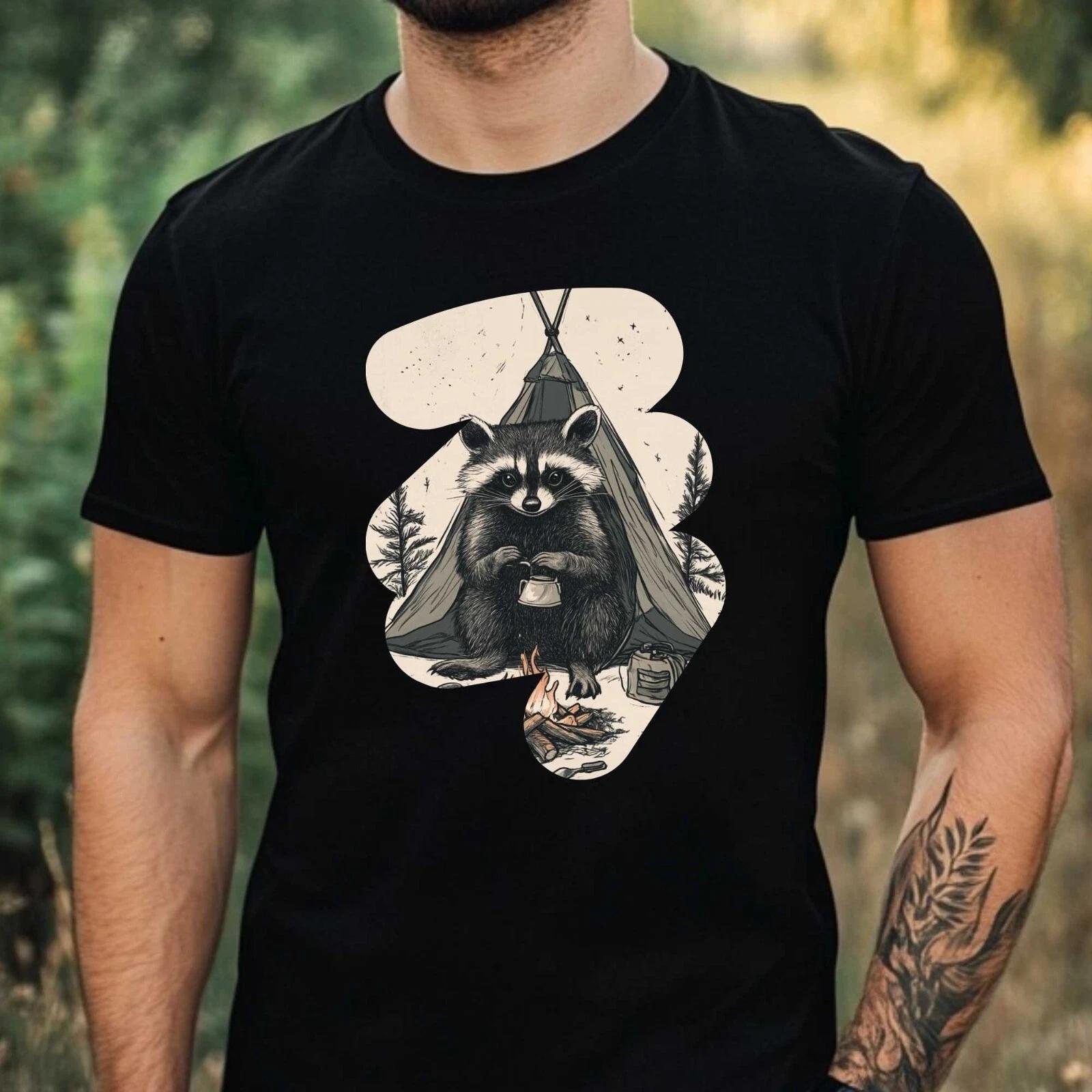 T-Shirt Herren Camping Waschbär Motiv Baumwolle Größe XS bis 5XL S