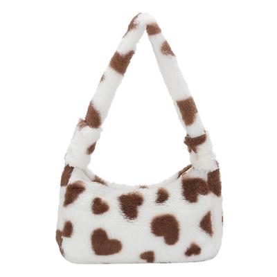 Queen-b Cow Print Heart Handbag, Fluffy, Handbag, Shoulder Tote Bag, Furry, Stylish, Cute, Lightweight, Soft, Mini, Small, Women's (Brown)