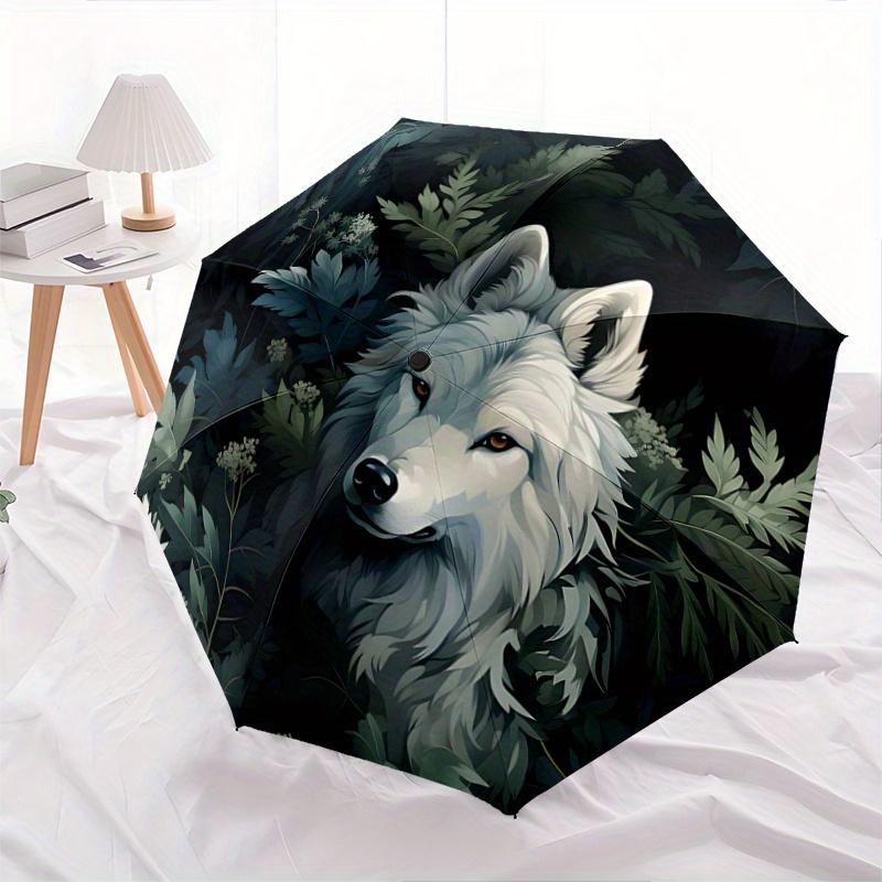 

1pc White Wolf in the Enchanted Forest Automatic Opening and Closing Umbrella - Lightweight 3-Fold Design, Suitable for Fans, Travel, Daily Use,