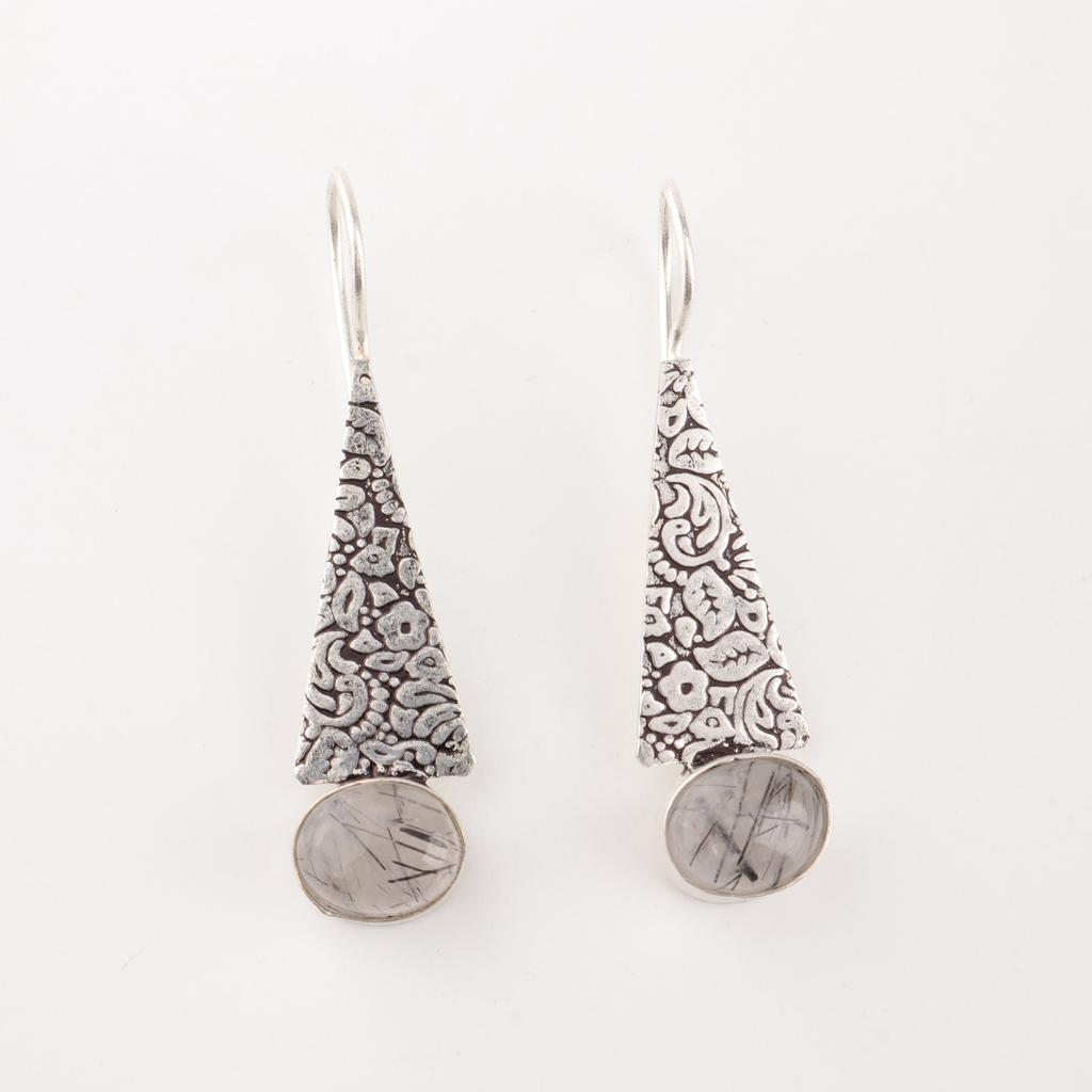 Natural Black Rutile 925 Sterling Silver Jewelry Handmade Earrings 1.9" For Gift EE-165-28