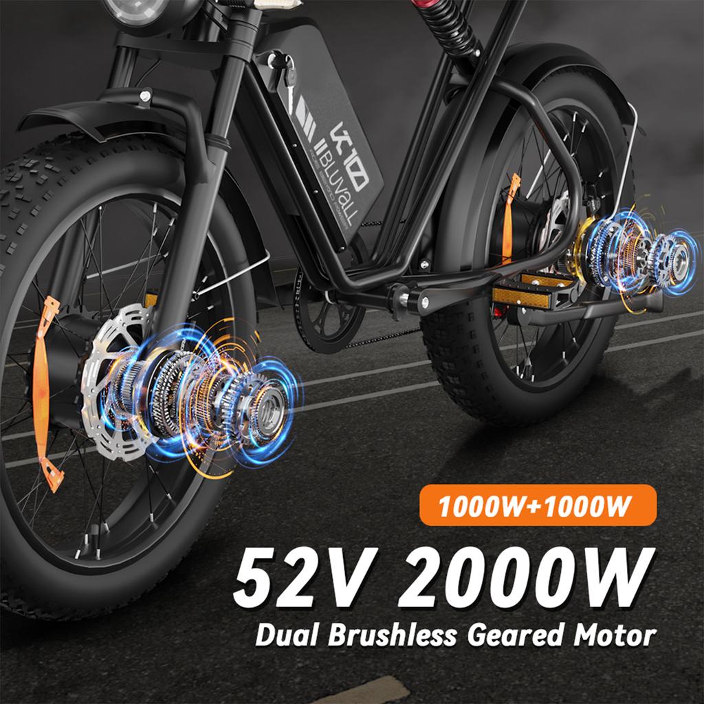 Bluvall K10 Retro Ebike 2000W52V43Ah Dual Battery 20*4.0 Fat Tire Full Suspension Mountain Snow E‑Bicycle