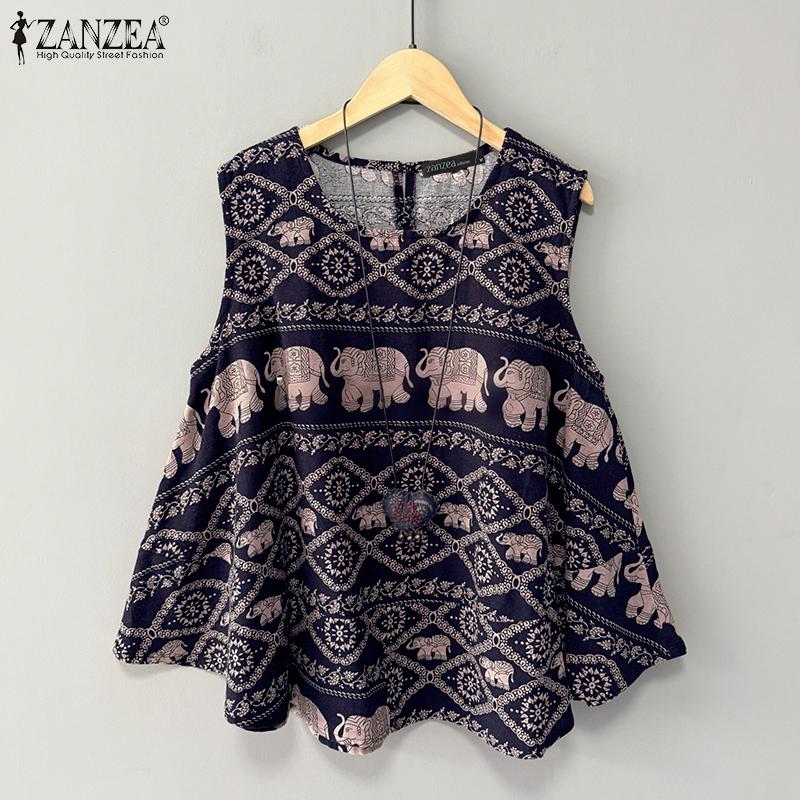 ZANZEA Women Loose Casual Round Neck Sleeveless Print Tank Tops
