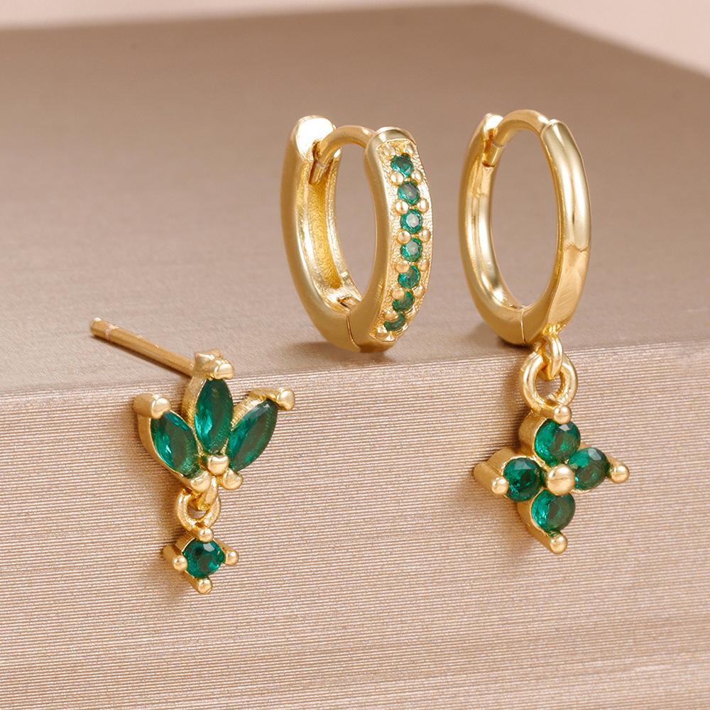 3-teiliges Modisches Orange Blau Zirkon Hängende Ohrringe Set für Damen Edelstahl Blume Dangle Ohrring Piercing Schmuck