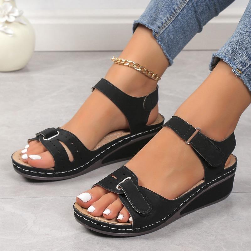 Summer New Fashion Sandals Women's Wedge Heel Velcro Thick Sole Large Size One-word Sandals