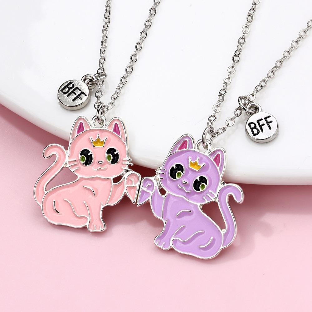 2pcs Set Cute Cartoon Colorful Crown Kitten Magnetic Attraction Pendant Necklace for Girl Child Women Friends Jewelry Sets Gifts