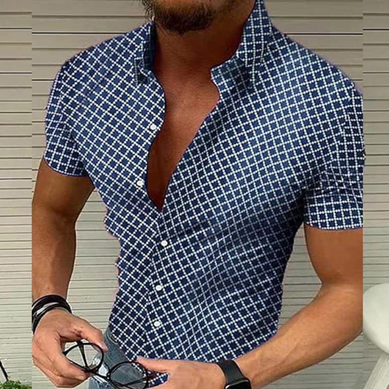 

Летняя мужская рубашка с клетчатым принтом, кардиган с отложным воротником, однобортные повседневные рубашки S темно-синий