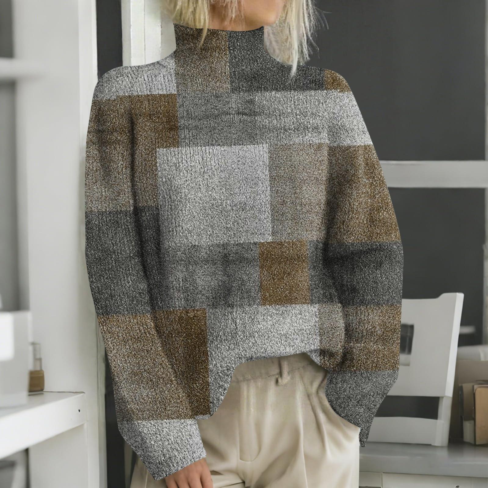 

Женская мода повседневная с длинным рукавом и принтом, с высоким воротом, шерстяной трикотаж XL светло-коричневого