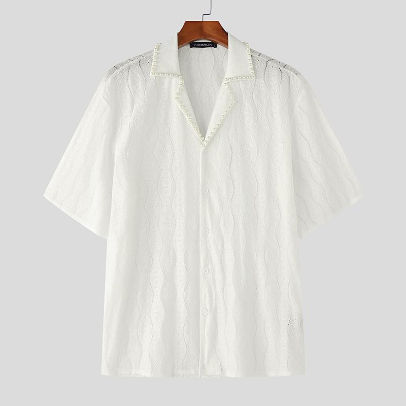 INCERUN Men Beading Neck Short Sleeve Lace Crochet Casual Oversized Shirts