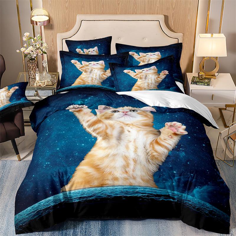 Starry Animals Bedding Set, Cat Duvet Cover Set With Pillowcases, Galaxy Comforter Case, Twin Size Bedding, Animal Cartoon Cat