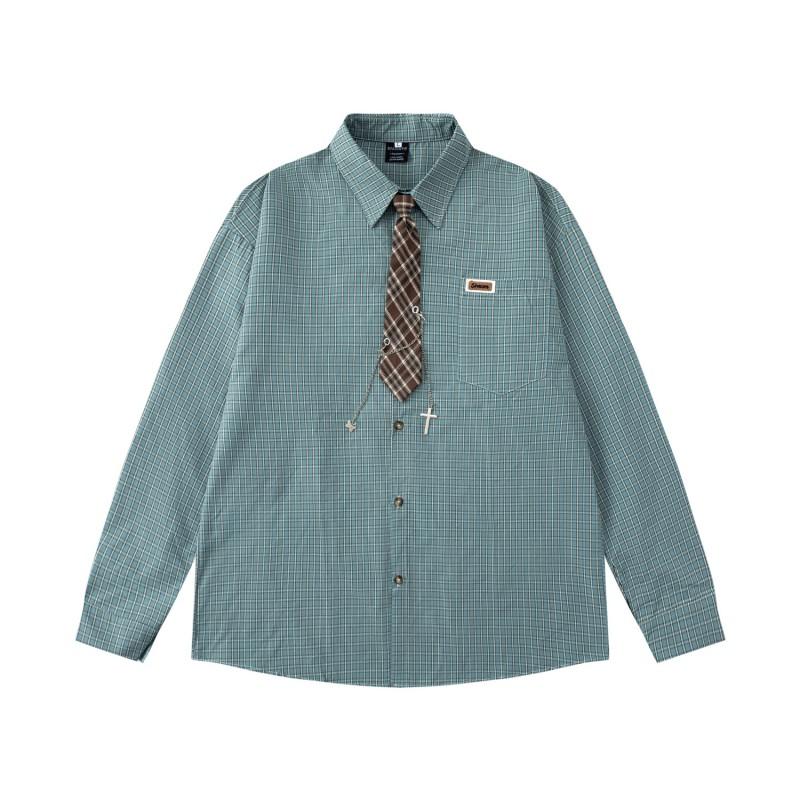 American Vintage Plaid Shirt Loose Fit Long Sleeve Button Up Top Men Women Casual Style