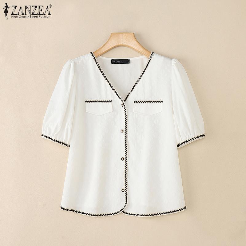 ZANZEA Elegant Women Short Sleeve Stitching Hem Buttons Casual Cropped Blouse