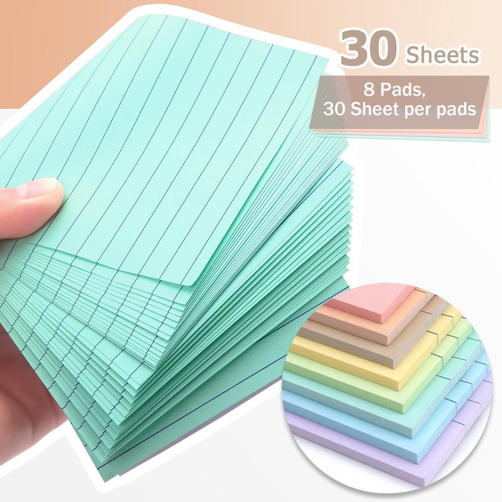 4x6 Inch Lined Sticky Notes, 8 Pack, Light Colors, Premium Self-Adhesive Notepads, Large Sticky Pads for Office, School & Home Use, Easy to Use,