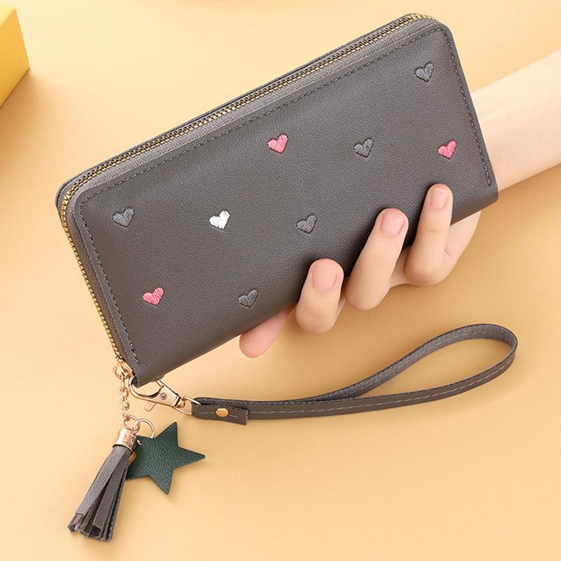 New Long Women Wallet With Heart-Shaped Korean Style Tassel Embroidery Card Holder For Women