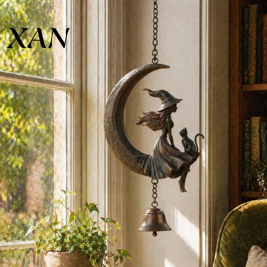 Indoor Outdoor Decorative Bells Witch Moon Wind Chime, Gothic Crescent with Black Cat Hanging Bell, Bohemian Style Decor Mystical Garden for