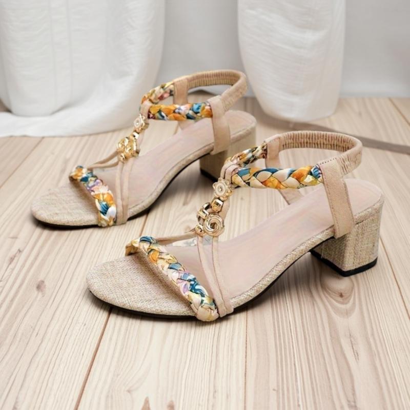 Fashion Bohemia Floral Print Cross Strap Sandals Women 2025 Summer Metal Decoration Braided Rope Beach Sandals High Heels Shoes Women