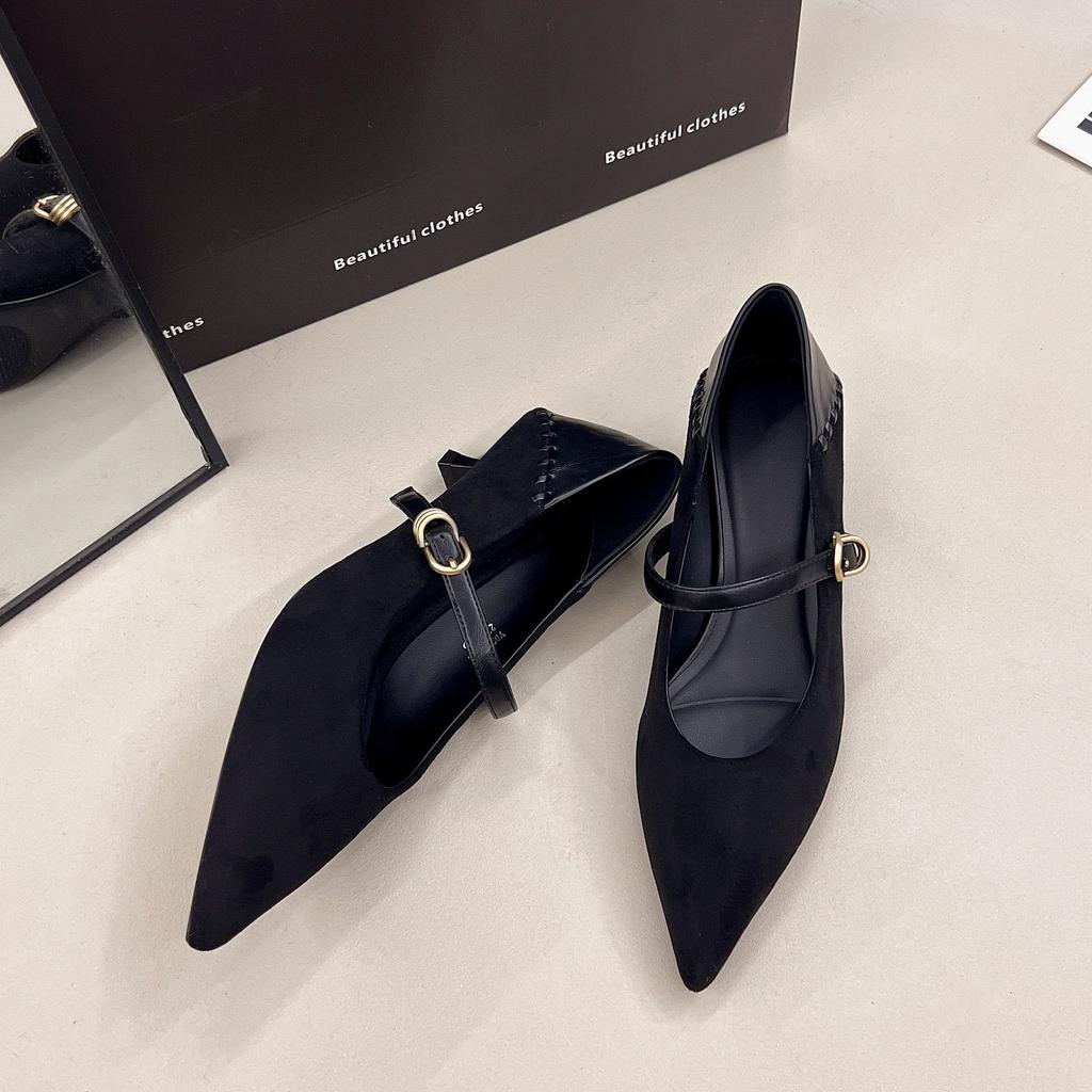 Suede splicing temperament single shoes women's spring and autumn new versatile stiletto pointed one-word buckle outer wear high heels