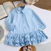 Girls' Fashion Long-Sleeved Shirt Collar Patchwork Tiered Skirt Colour Dress