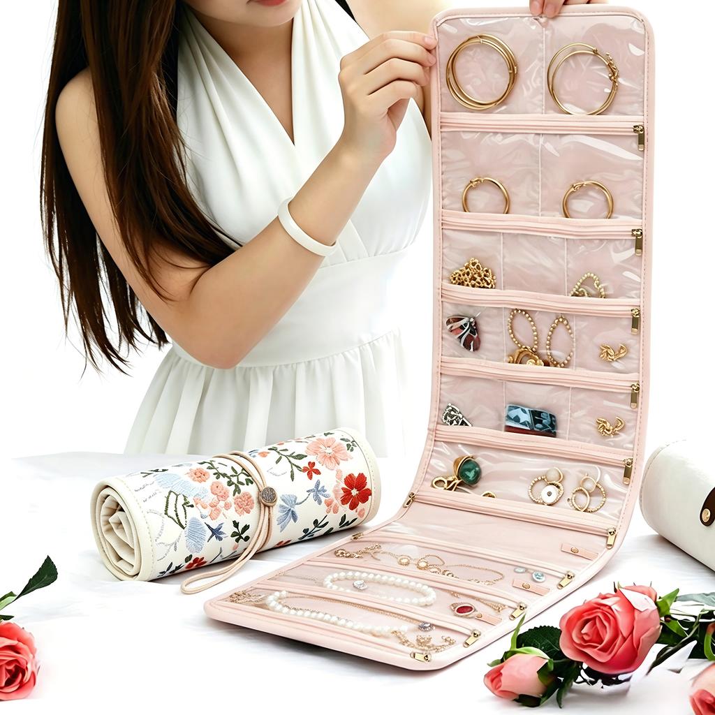 Portable Roll-Up Jewelry Organizer with Embroidered Cover, Lightweight Travel Jewelry Storage Pouch for Necklaces, Bracelets