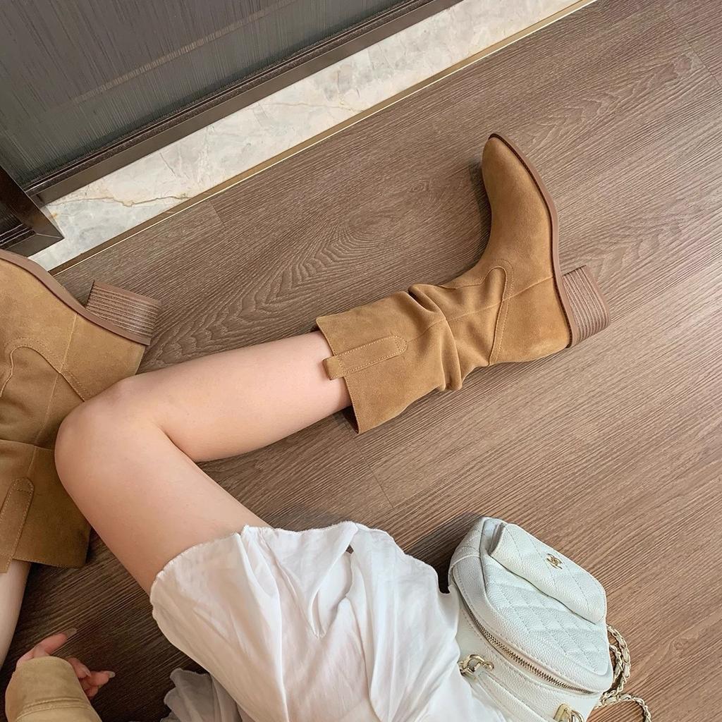 Cowhide Model~ Genuine Leather Small Man Inner Height Increase 8cm Martin Boots Women's Thick Heel Thin Western Medium Tube Short Boots Stacking Boots