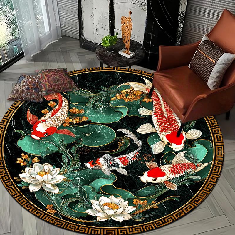 

Koi fish in Eastern style Flannel-printed round floor mats are slip-resistant Suitable for living bedroom terrace garden carpets 60cm