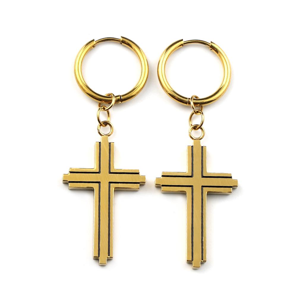 Orecchini a cerchio Croce Cristiana Religiosa in Acciaio Inossidabile per Uomo Donna Colore Oro Crocifisso di Gesù Orecchino pendente Gioiello Fede Regalo