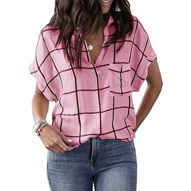 Spring and Summer New Fashion Women's Casual Loose Check Print Pocket V-Neck Short-Sleeved Plus Size Pullover T-Shirt