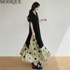 MODIQUE Summer Plus Size Women Loose Casual A-Line Patchwork Dot Print Silk Hemline Long Dresses Female Versatile Oversize Short Sleeve V-Neck Dresses