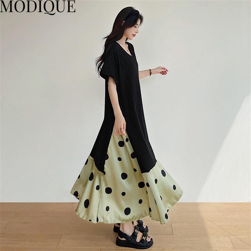 MODIQUE Summer Plus Size Women Loose Casual A-Line Patchwork Dot Print Silk Hemline Long Dresses Female Versatile Oversize Short Sleeve V-Neck Dresses