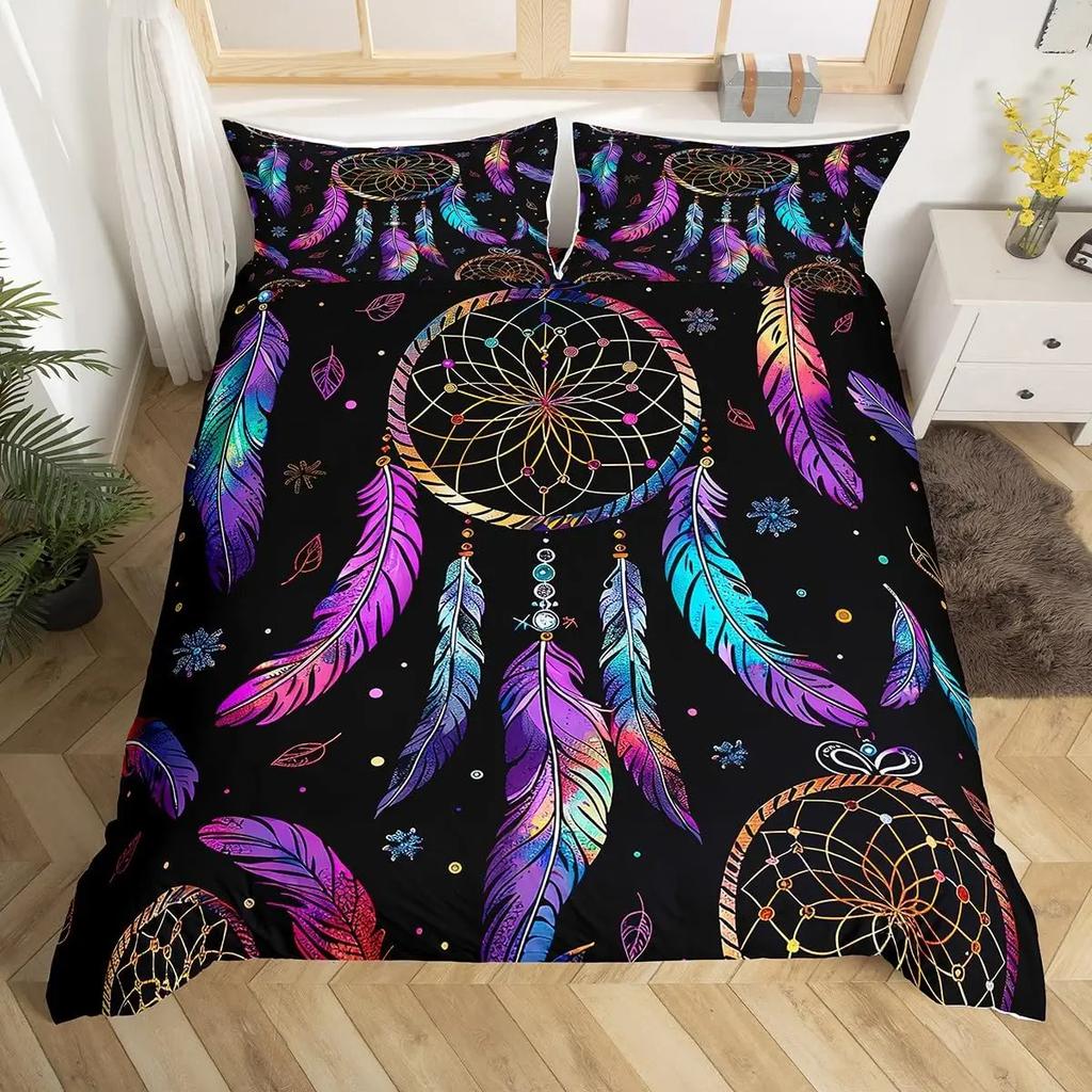 Conjunto de Cama Apanhador de Sonhos Boho Mandala Capa de Edredom Solteiro King, Capa de Edredom Exótica Tribal Pena Céu Estrelado Galáxia