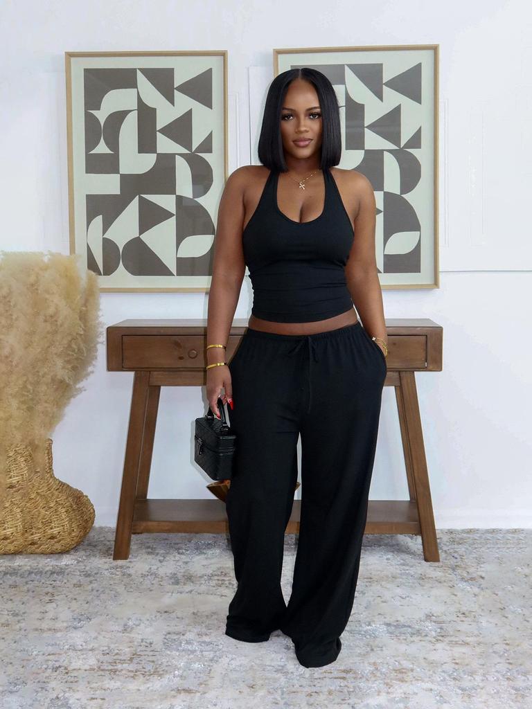 Women's Summer Solid Color Halter Top with High-Waisted Pocket Wide-Leg Pants