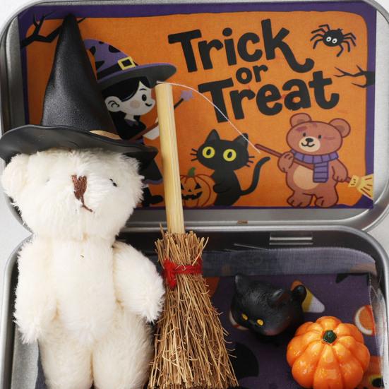 Halloween Bear In A Box Handmade Cute Witch Bear In A Tin for Trick or Treat Miniature Plush Bear with Broom Pumpkin Cat Halloween Party Gift