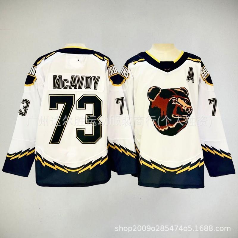 Maglia da Hockey Autentica Stile Boston Bruins 73 Mavoy da Uomo Nera Bianca Gialla a Strisce Abbigliamento per Tifosi