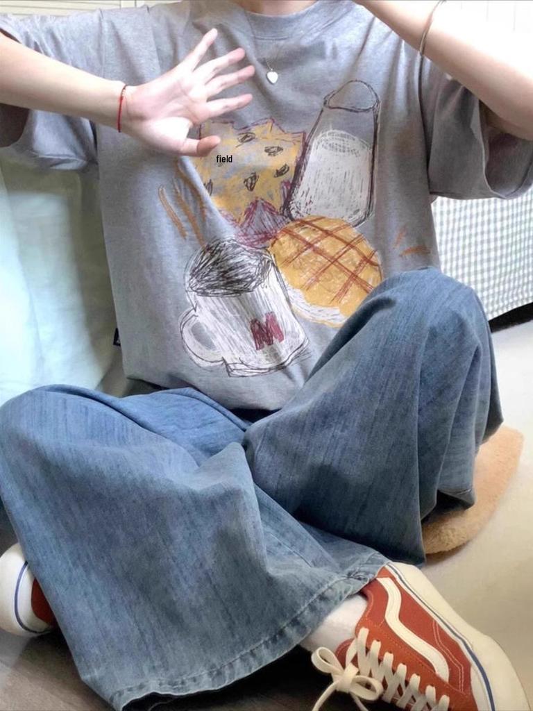 100% Pure Cotton Gray Women's European Short-Sleeve Summer T-Shirt - Trendy American Niche Design