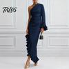 Talos Women's One Shoulder Asymmetric Ruffle Satin Dress, Formal Evening Party Gown, Long Sleeve Ruched Bridesmaid Dress