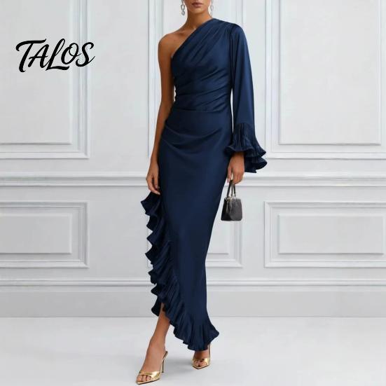 Talos Women's One Shoulder Asymmetric Ruffle Satin Dress, Formal Evening Party Gown, Long Sleeve Ruched Bridesmaid Dress
