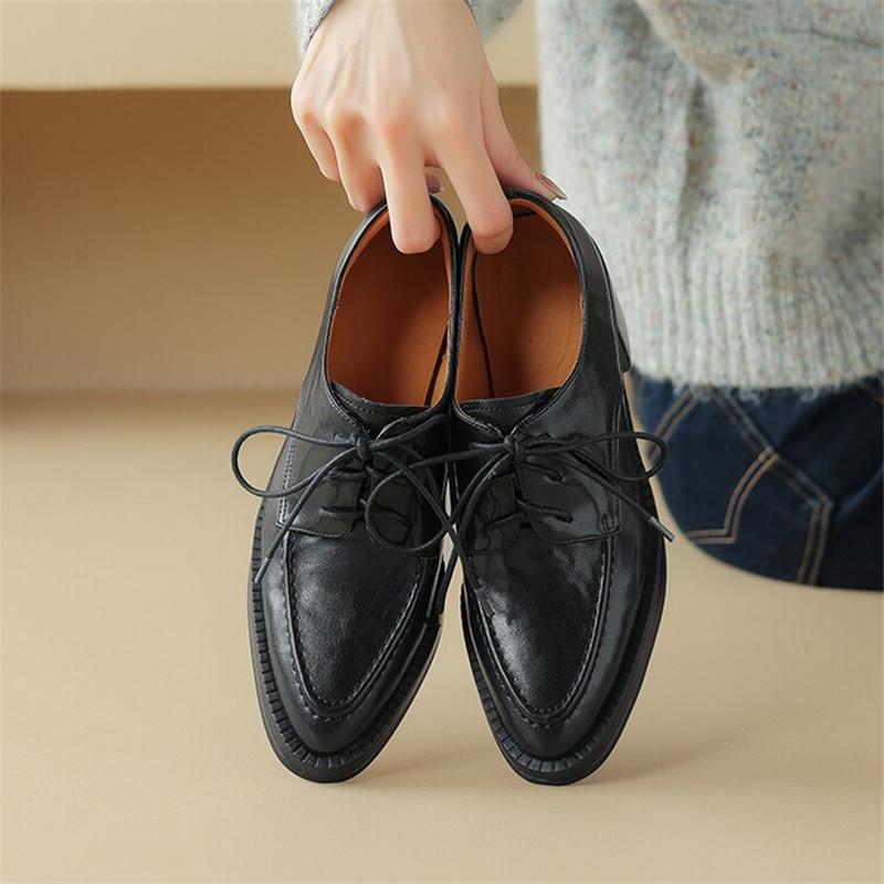 Fashion New Spring Pleated Cowhide Loafers Woman Shoes Chunky Heels Pointed Toe High Heels Shoes for Women Lace Women Pumps Zaptos Mujer