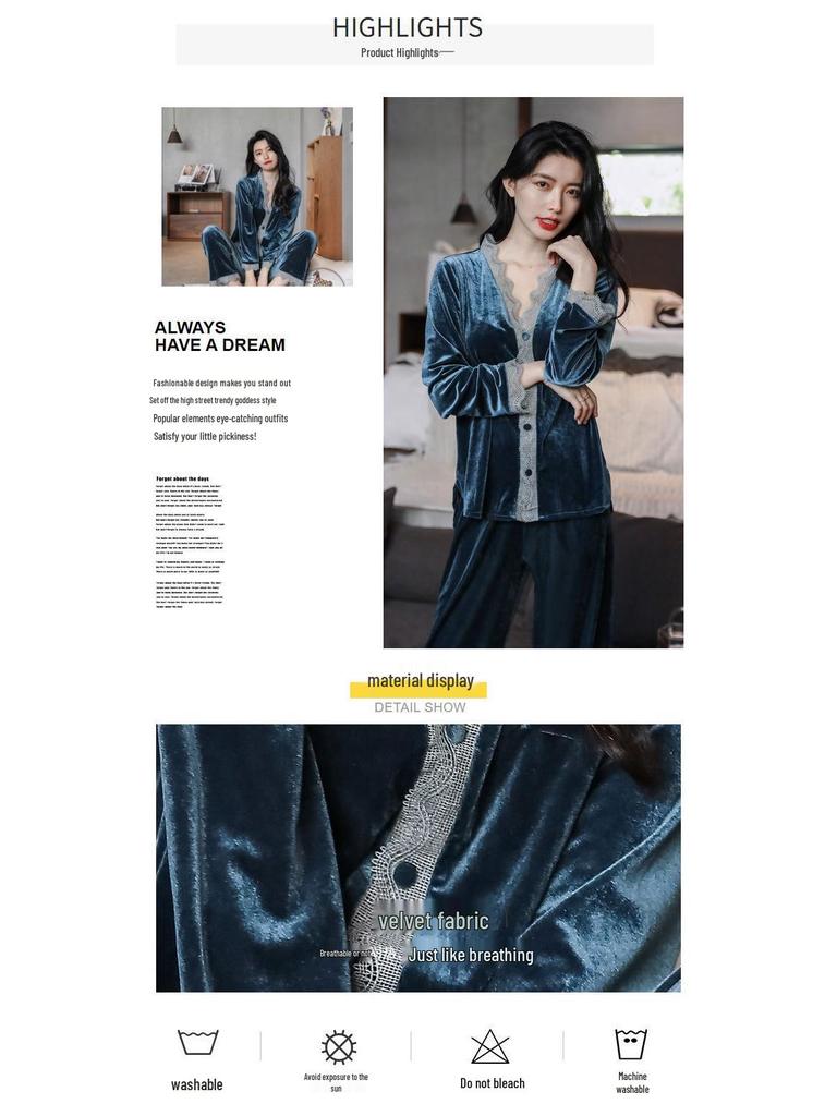 Women's Golden Velvet Lace Pajama Set - Long Sleeve, Autumn/Winter Style, Sexy Homewear.