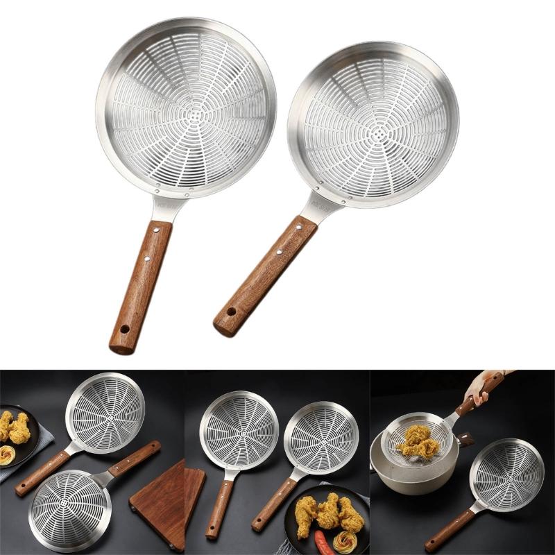 Kitchen Strainer Skimmer Ladle 304 Stainless Steel Mesh Colander with Long Wood Handle Cooking Utensils for Cooking