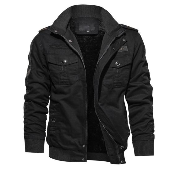 Men Bomber Jacket Plush Lining Multi Pockets Solid Color Zipper Closure Coldproof Autumn Winter Cargo Coat Windbreaker Streetwear